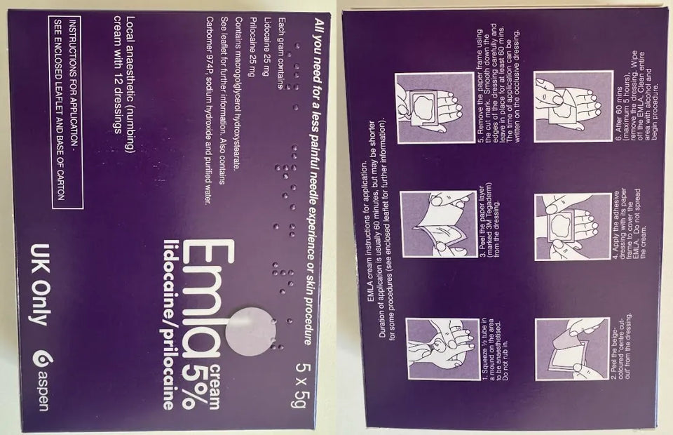 EMLA Cream 5% | Lidocaine & Prilocaine | 5 x 5g Tubes + 12 Dressings