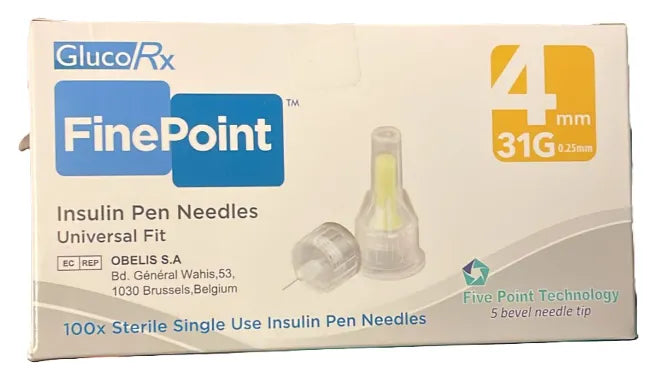 GlucoRx FinePoint Insulin Pen Needles 31G 4mm – Pack of 100