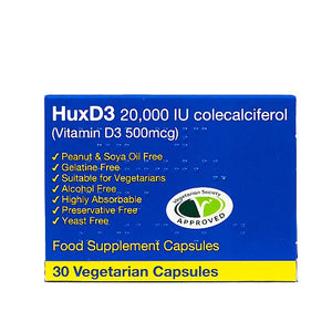 HuxD3 Colecalciferol 20000IU (500mcg) Vitamin D3 - 20 Capsules