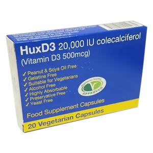 HuxD3 Colecalciferol 20000IU (500mcg) Vitamin D3 - 20 Capsules