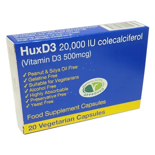 HuxD3 Colecalciferol 20000IU (500mcg) Vitamin D3 - 20 Capsules