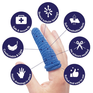Pack of 25 Snugfast Blue Finger Cots Buddies Tubular Bandage Dressings