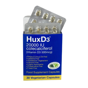 HuxD3 Colecalciferol 20000IU (500mcg) Vitamin D3 - 30 Capsules