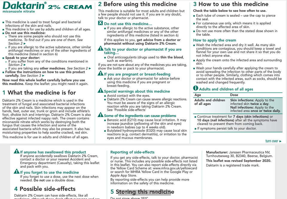 Daktarin Cream (Miconazole nitrate) Athletes Foot Skin antifungal Infection 30g