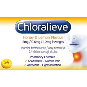 Chloralieve Honey & Lemon Flavour Lozenges 24s.